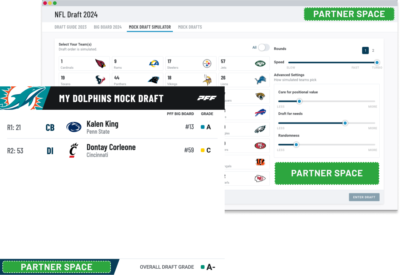 PFF Draft simulator with highlights for partner sponsorship space
