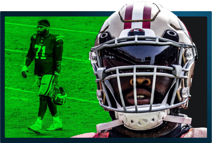 Trent Williams walking with helmet off and portrait shot with helmet on